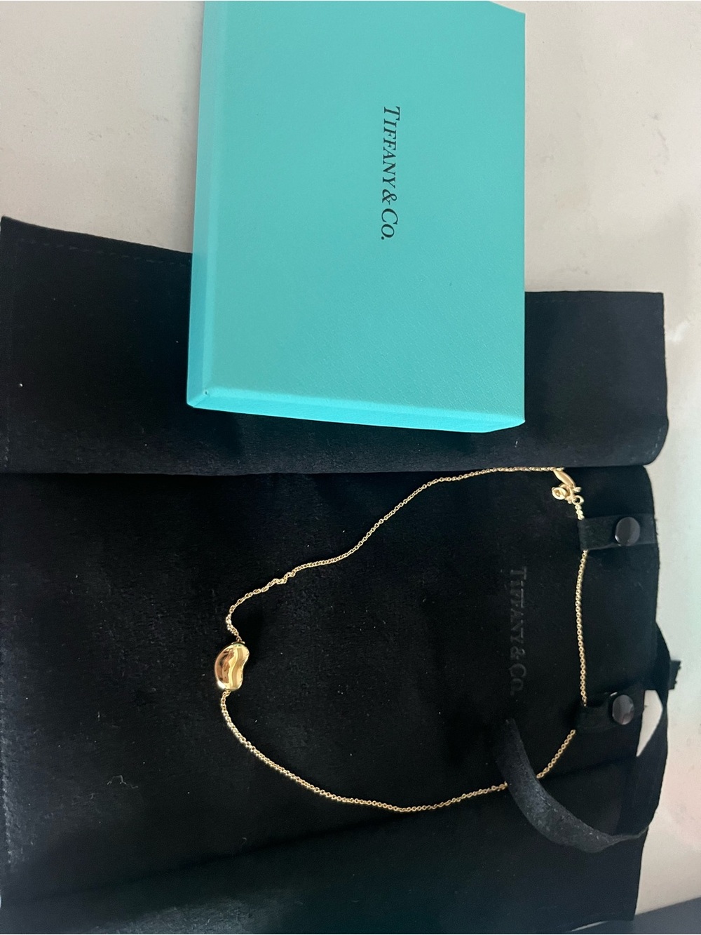 Tiffany & Co. Gold Bean Pendant Necklace with Iconic Blue Box